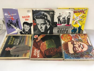 A collection of rock n roll and blues LPs by various artists including Gene Vincent, Josh White, Elvis Presley and others.