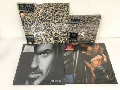 Three 180g remastered George Michael LPs comprising a half speed coloured vinyl Faith LP, Older and Listen Without Prejudice plus a 3CD/DVD Listen Without Prejudice box set, all sealed.