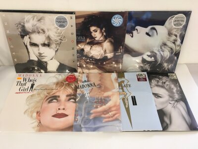 Seven 180g Madonna LPs comprising the self titled debut, Like A Virgin, True Blue and others, all sealed, some coloured vinyl.