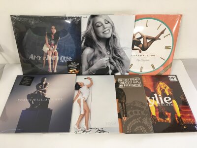 Seven 180g LPs including an Amy Winehouse picture disc of Back To Black, Robbie Williams, Kylie Minogue, Mariah Carey and Britney Spears, mostly sealed.