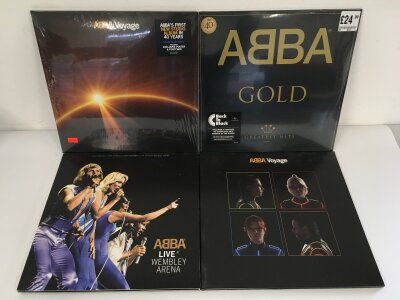 Four ABBA LPs comprising Gold and Voyage (blue vinyl) plus Live At Wembley Arena and a further copy of Voyage with different sleeve art, some sealed.