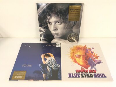 Three 180g Simply Red LPs comprising a clear vinyl 4LP Recollections, 25th anniversary Stars and Blue Eyed Soul, all sealed.