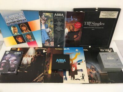 A record case of ABBA LPs and CD box sets.