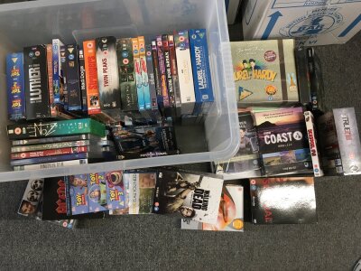 Two boxes of BluRays and DVDs including box sets, Arrow, Network etc.