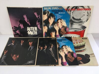 Seven Rolling Stones LPs including Aftermath with Factory Sample sticker to label, Let It Bleed (no poster) and others.