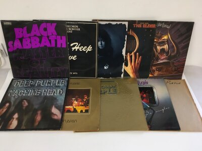 Ten heavy rock LPs by various artists including Deep Purple, Black Sabbath, Uriah Heep and others.