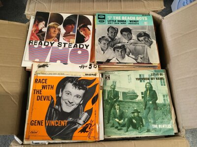 A box of mainly 1950s and 60s 7" singles, EPs and demo discs by various artists including The Beatles, The Who, The Rolling Stones, Gene Vincent and many more.