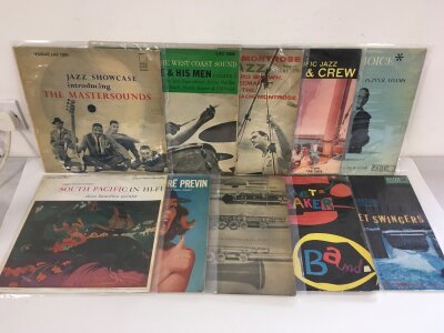 Ten UK jazz one sided factory sample not for sale 12" World Pacific records. Artists include Chico Hamilton, Shelly Manne & His Men, Chet Baker and others.