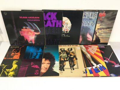 Ten rock LPs by various artists including Black Sabbath, Deep Purple, Queen and others. Both Sabbath LPs are reissues.