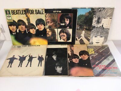 Eight Beatles LPs comprising early UK pressings of With The Beatles (first UK), Revolver, Please Please Me (not black and gold labels) and others including a German pressing on Odeon of Beatles For Sale . All have feelable scratches except Let It Be.