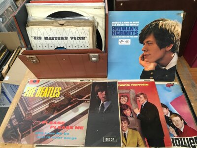 A record case of rock n roll, blues and pop LPs and 78s by various artists including Elvis Presley, The Rolling Stones, Arthur Big Boy Crudup and others plus two factory sample discs.