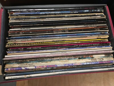 Four record cases of LPs and 12" singles by various artists including Jimi Hendrix, Queen, Blondie and others.