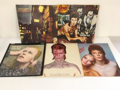 Five David Bowie LPs including Ziggy Stardust, Diamond Dogs and others.