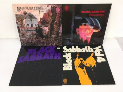 Four early UK pressings of Black Sabbath LPs on Vertigo comprising the self titled debut, Paranoid, Master Of Reality (with poster) and Vol 4. All VG+/NM.
