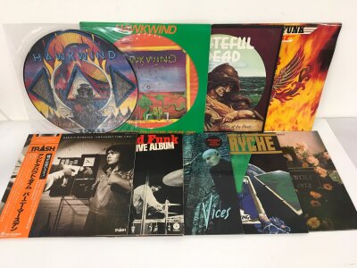 Nine rock LPs by various artists including two Hawkwind picture discs, Grateful Dead, Queensryche and others.