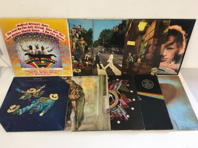 Ten LPs by various artists including The Beatles, David Bowie, Pink Floyd and others, including US pressings.