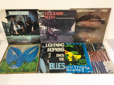 Fourteen blues LPs by various artists including Lightning Hopkins, The a running Sunflower Blues Band, Howlin Wolf and others.
