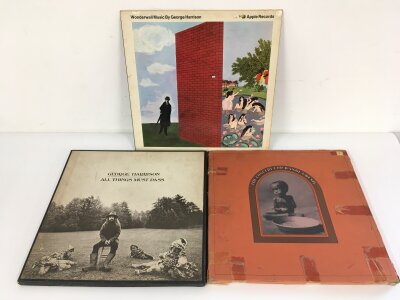 Three George Harrison LPs comprising Wonderwall, All Things Must Pass (one feelable scratch, no poster) and The Concert For Bangladesh.