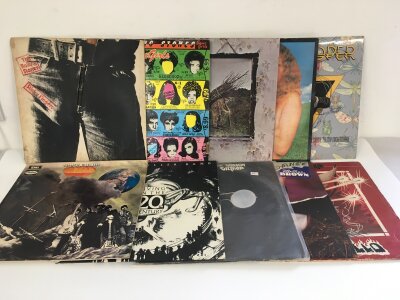 Two bags containing twenty rock LPs by various artists including Led Zeppelin, Rolling Stones, Blind Faith and others.