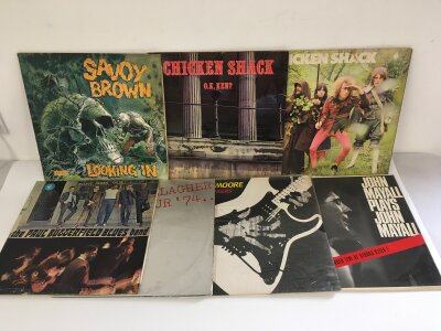 Seven blues rock LPs by various artists including Savoy Brown, Chicken Shack, Rory Gallagher and others.