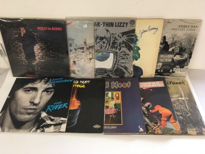 Two bags containing twenty rock LPs by various artists including Bruce Springsteen, Thin Lizzy, Canned Heat and others.