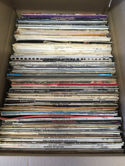 Four boxes of LPs by various artists including The Beatles, Kate Bush, David Bowie, The Doors and many more.