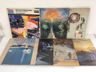 Two bags containing fourteen Moody Blues and related LPs comprising Days Of Future Passed, In Search Of The Lost Chord, A Question Of Balance and others.