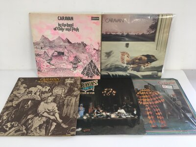 Five Caravan LPs comprising In The Land Of Grey And Pink and For Girls Who Grow Plump In The Night (both red and white Deram labels),  a French pressing of Waterloo Lily plus two others.