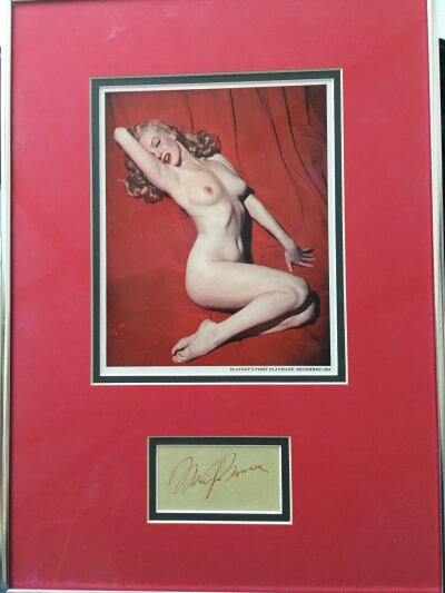 A framed and glazed signed Marilyn Monroe display with COA plus a January 1964 issue of Playboy magazine.