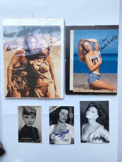 A small collection of autographs comprising Racquel Welsh, Sophia Loren, Jayne Russell and others. Please note Audrey Hepburn signature believed to be autopen.