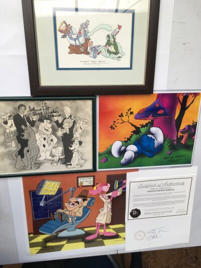Three Pink Panther sericel artworks, a Bill Hanna of Hanna Barbera signed photo plus other signed animation items.