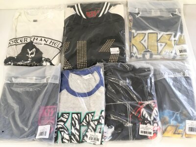 A collection of Kiss t shirts, jacket and two hoodies, all XL. All from the official Kiss website.