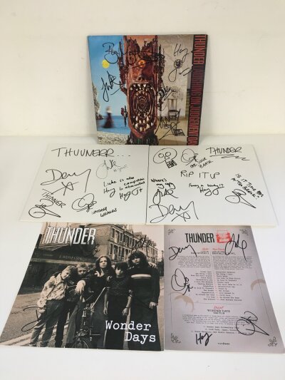 A collection of signed LPs and inserts by Thunder including two white label double disc sets. No COAs.