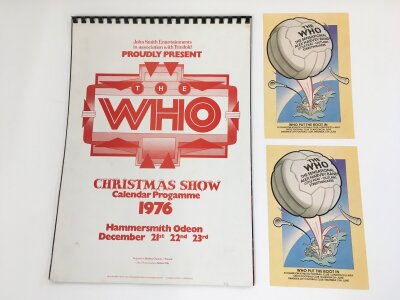 The Who 1976 Christmas Show original calendar program and two unused promotional stickers from the famous Who Put The Boot In tour 1976.