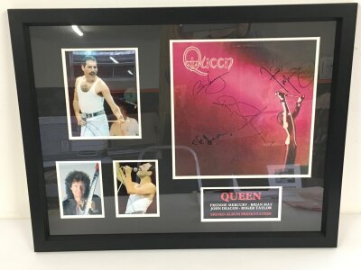 A framed and glazed signed display of the debut Queen LP bearing the signatures of all four band members in black marker pen. Comes with COA from UACC dealer Robert Marshall. Approx 71.5cm x 56cm.