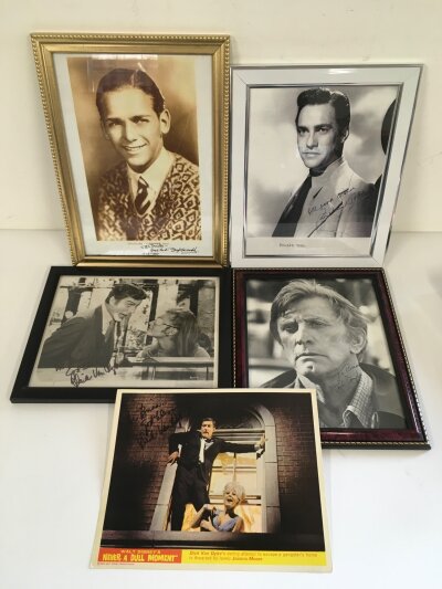 Four signed photos and a lobby card by Michael Douglas, Richard Todd, Douglas Fairbanks Jr and Dick Van Dyke.