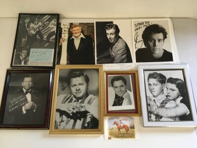 A collection of various autographs comprising Jim Carrey, Mickey Rooney, Wee Willie Harris and others.