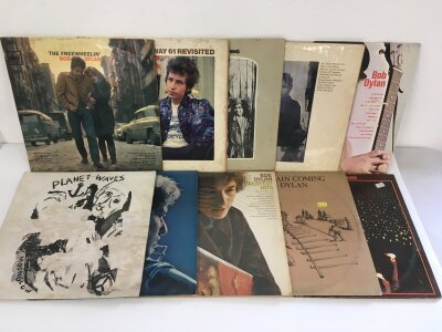 Ten Bob Dylan LPs comprising early pressings of Freewheelin, Highway 61 Revisited and others.