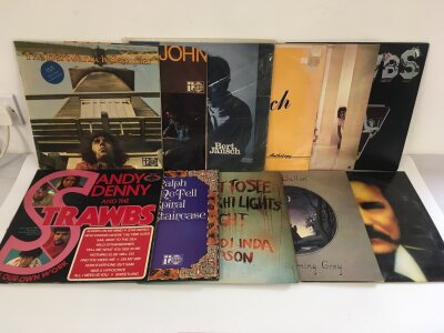 Two bags containing twenty folk rock LPs by various artists including Bert Jansch, Strawbs, Richard & Linda Thompson and others.