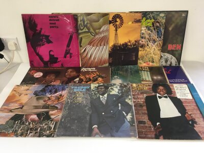 Two bags containing 25 funk and soul LPs by various artists including Michael Jackson, Johnny Nash, Crusaders and others.