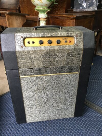 A circa 1963-65 Selmer Futurama Bassist Major 'piggy back' combo amp with crocskin finish, serial number 18867. Fitted with original Goodmans of England 12" speaker.