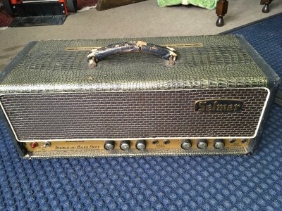 A circa 1963-65 Selmer Truvoice treble n bass 50 amp head with a crocskin finish, serial number 22325.