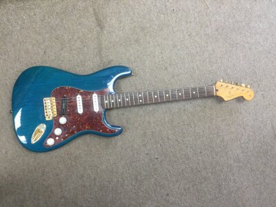 A 2005-06 Fender Stratocaster electric guitar made in Mexico and fitted with a Seymour Duncan bridge pickup. Serial number MZ5086819. Comes with a Fender branded soft carry case.