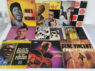 A box of rock n roll and rockabilly LPs by various artists including Little Richard, Eddie Cochran, Gene Vincent and many more. Includes a signed Marty Wilde LP.
