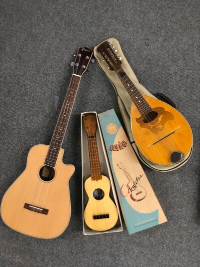 A mandolin, boxed ukulele and a Clearwater baritone ukulele (3).