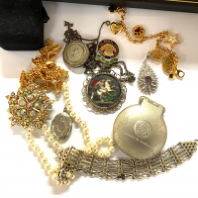 A small collection of items including an enamelled silver crown etc.