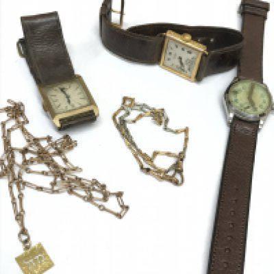 Three watches (one with a 9ct gold case) and chains including one with a 9ct gold pendant and other 18ct gold marked at the link. Postage category A