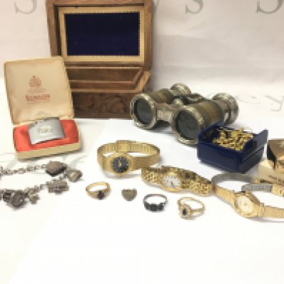 Mixed lot, watches, lighter , charm bracelet, Property of international binoculars. Postage category B