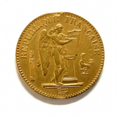 1849 French 20 Francs Gold Coin, Guardian Angel, 0.900, 6.4g. (Damage to coin edge through previous mount).