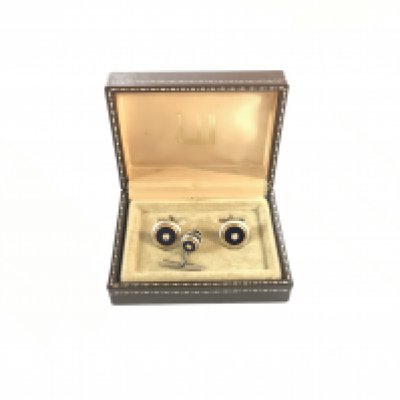 Boxed pair of Dunhill cufflinks, which feature gemstones, along with a Dunhill tie tack.